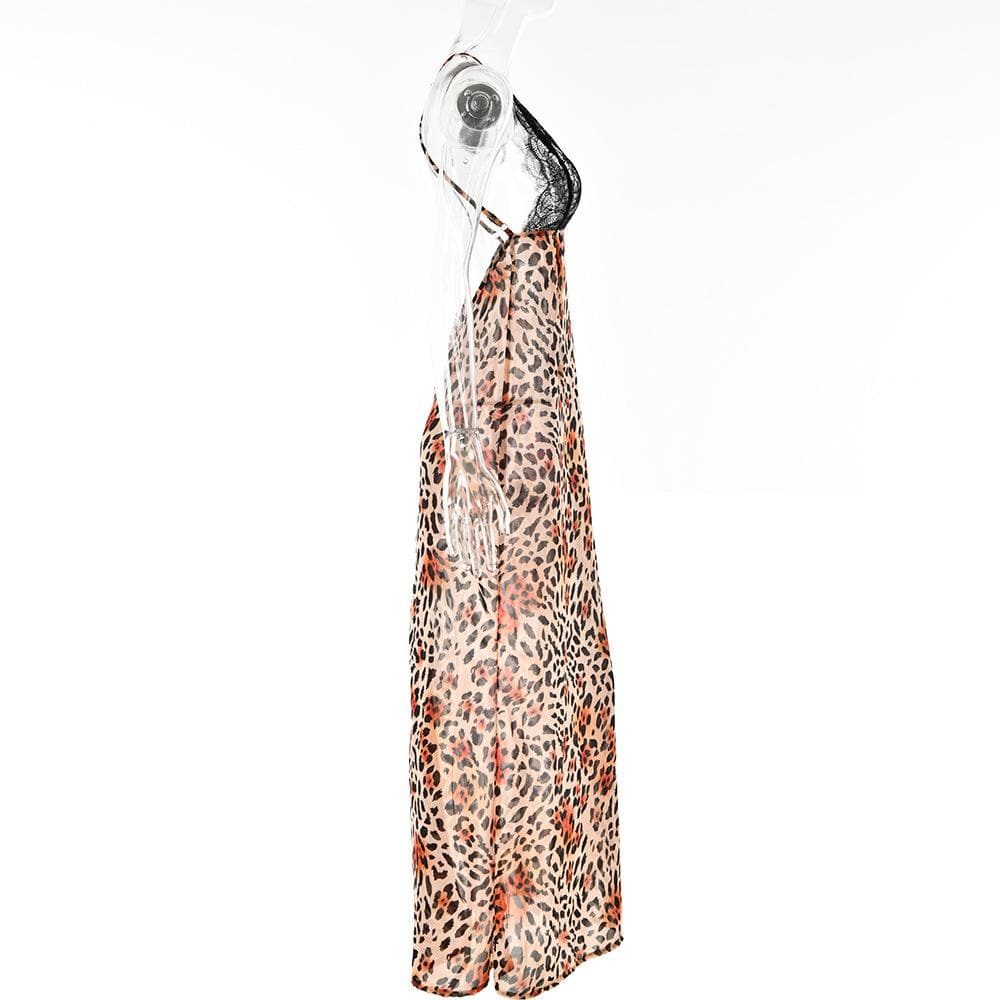 Cross back contrast leopard print v neck lace patchwork maxi dress  | red tango dress