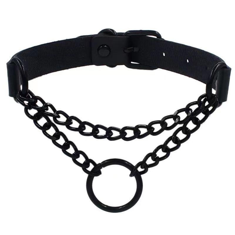 PU leather rivet o ring metal chain necklace
