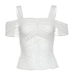 Short sleeve off shoulder lace mesh ruched 2-way top