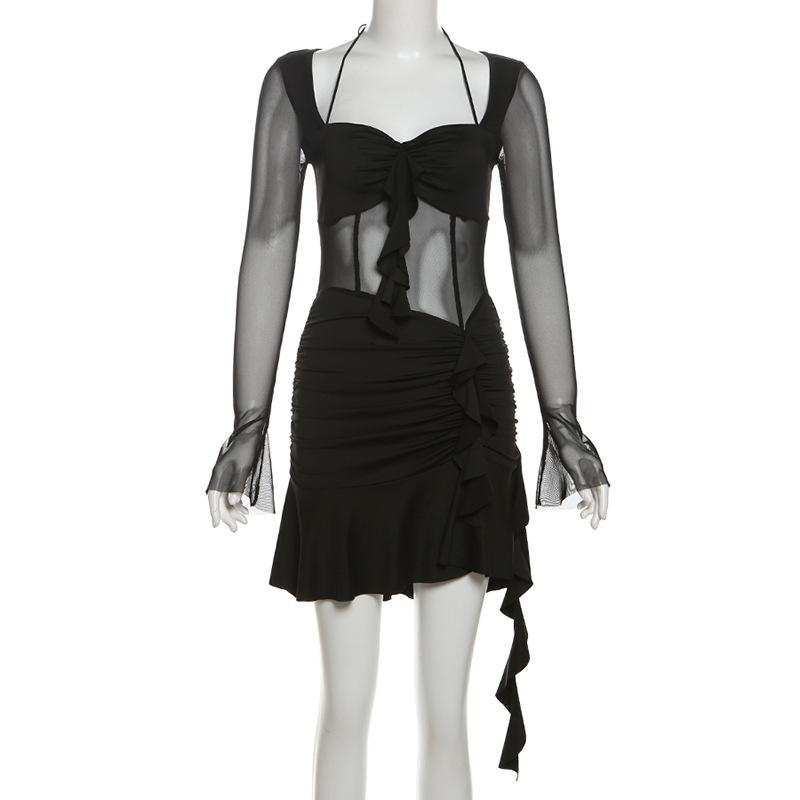 Long sleeve halter mesh ruched ruffle mini dress