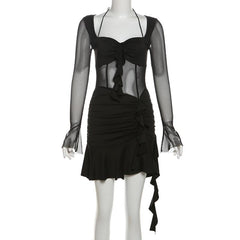 Long sleeve halter mesh ruched ruffle mini dress
