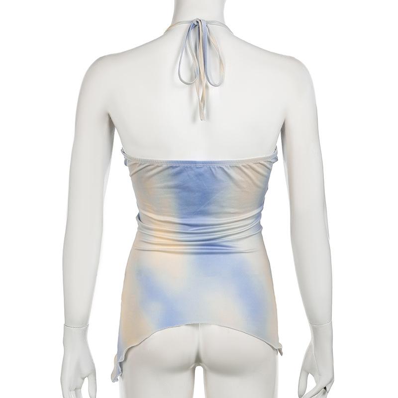 Halter v neck print tie dye ruched knotted backless top
