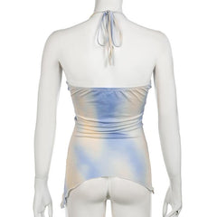 Halter v neck print tie dye ruched knotted backless top