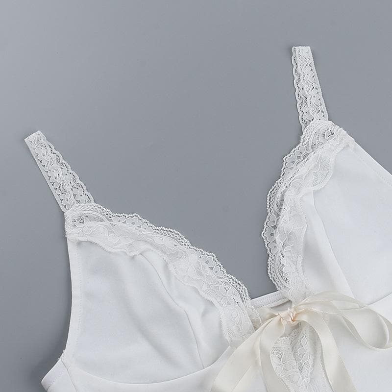 V neck lace hem backless bowknot ribbon crop cami top