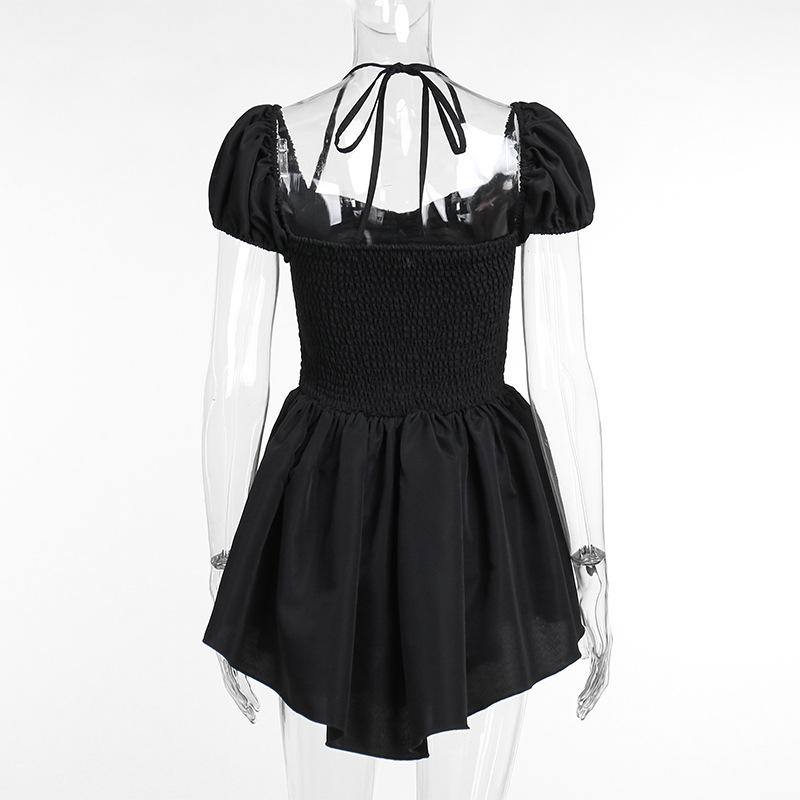 Short puff sleeve sweetheart neck ruched halter smocked mini dress