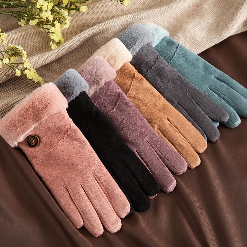 Touch screen windproof fluffy button gloves
