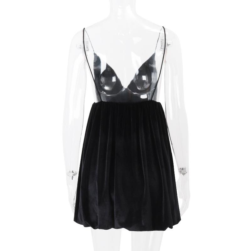 V neck velvet backless cami mini dress