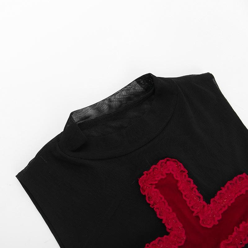 Cross ruffle mesh sleeveless contrast patchwork top