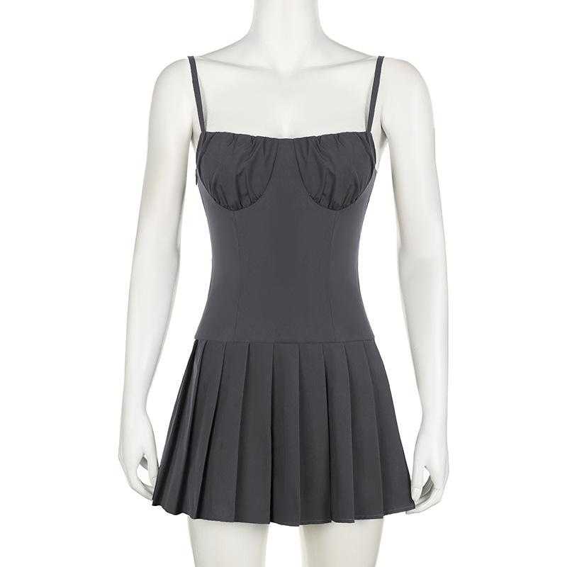 Sweetheart neck ruched pleated zip-up cami mini dress