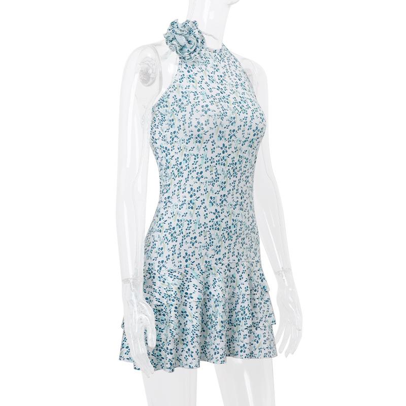 Halter print flower applique mini dress