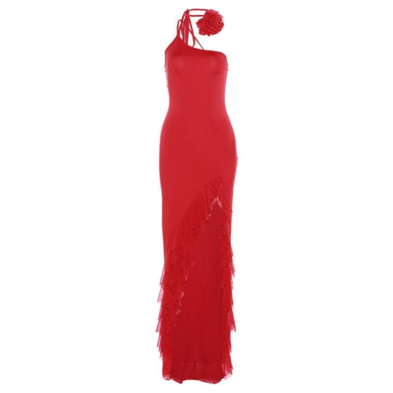 Solid one shoulder irregular ruffle flower applique maxi dress  | red tango dress