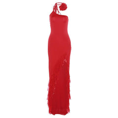 Solid one shoulder irregular ruffle flower applique maxi dress  | red tango dress
