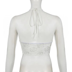 Halter lace ruched solid knotted top