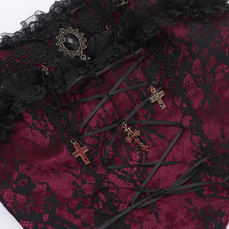 Lace hem cross pendant ruffle tube top