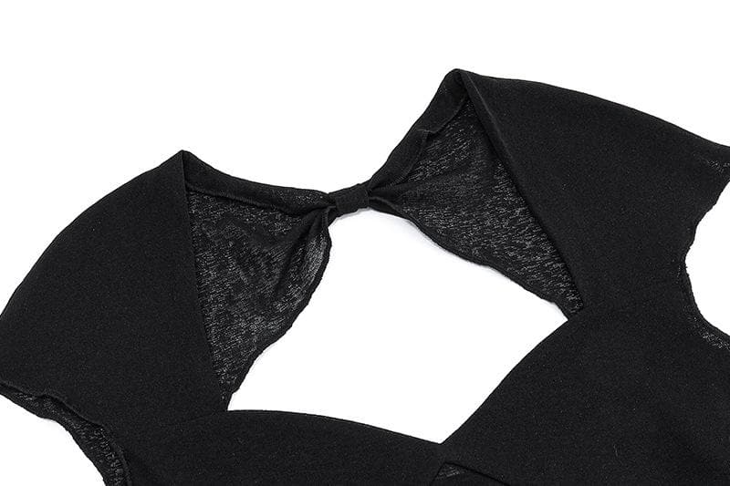 V neck hollow out knotted short sleeve low cut backless crop cut out top