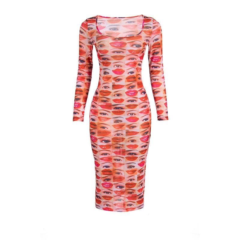 Long sleeve abstract u neck sheer mesh contrast midi dress  | samba dress