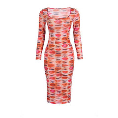 Long sleeve abstract u neck sheer mesh contrast midi dress  | samba dress