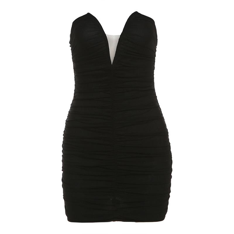 V neck ruched solid mesh tube mini dress