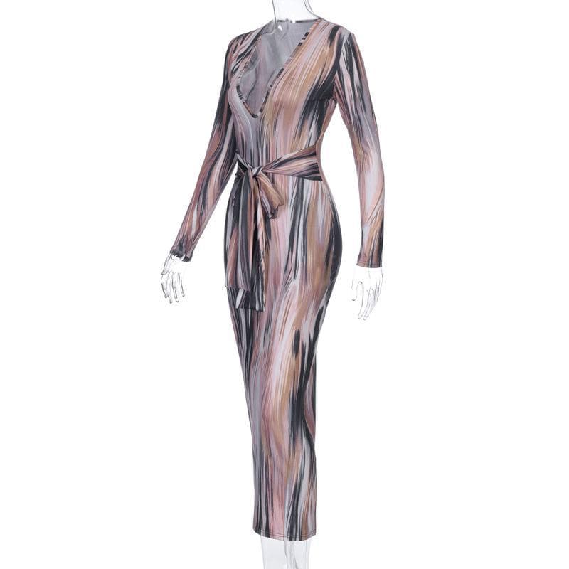 Long sleeve deep v neck knotted print maxi dress