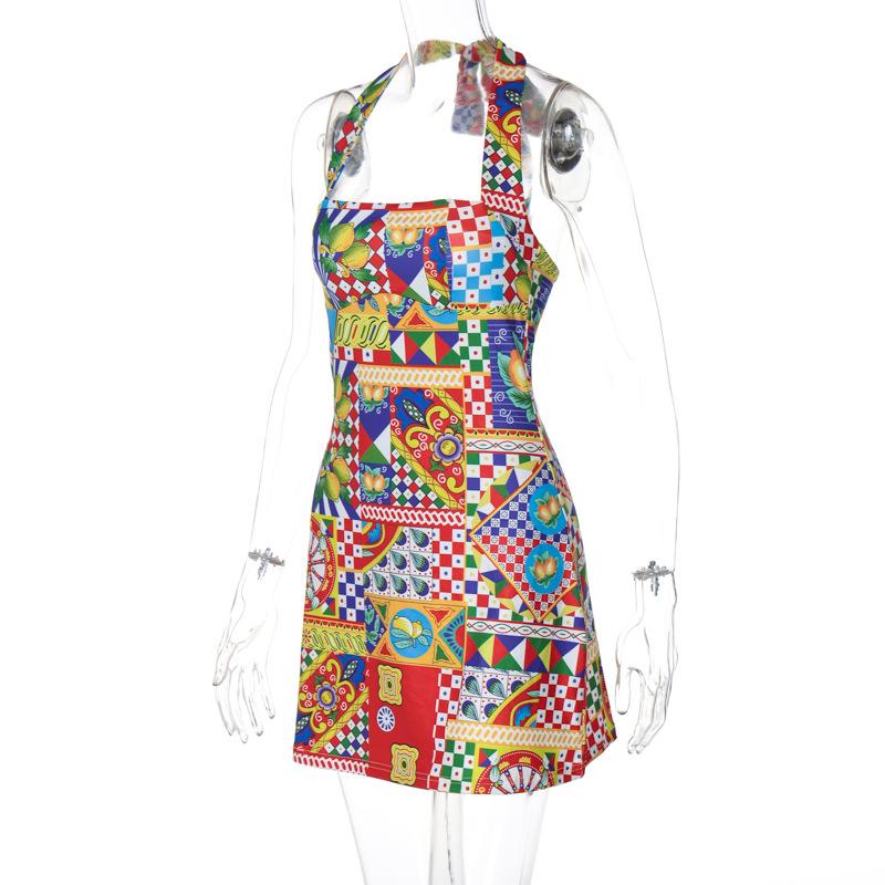 Halter print contrast knotted mini dress