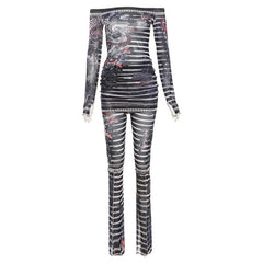 Long sleeve off shoulder sheer mesh print pant set