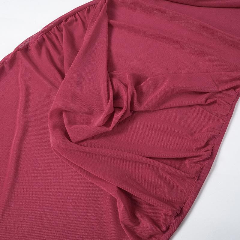 Long sleeve off shoulder sheer mesh ruched slit maxi dress  | red tango dress  | samba dress