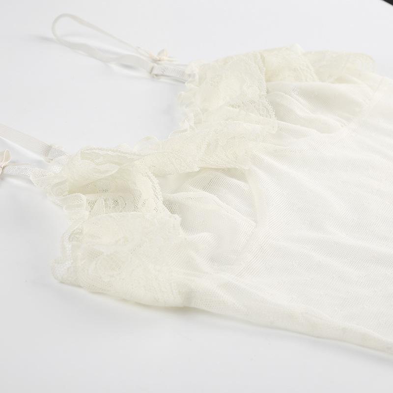 Sheer mesh lace see through ruffle bowknot cami top