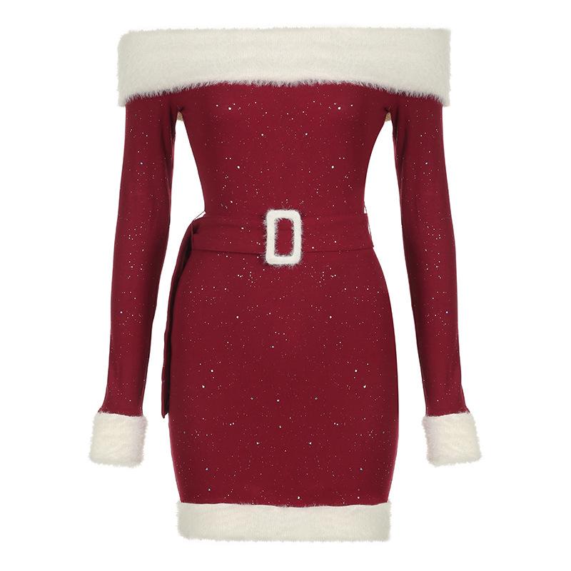Off shoulder long sleeve beaded fluffy belt mini dress