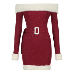 Off shoulder long sleeve beaded fluffy belt mini dress