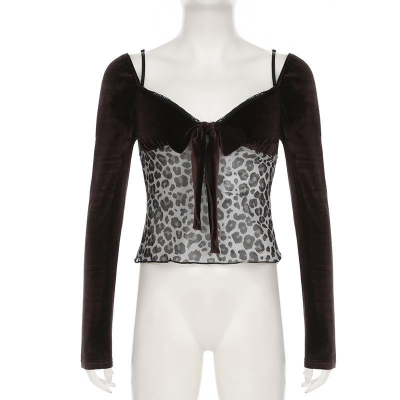 Long sleeve bowknot velvet patchwork leopard print top