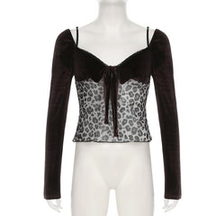 Long sleeve bowknot velvet patchwork leopard print top
