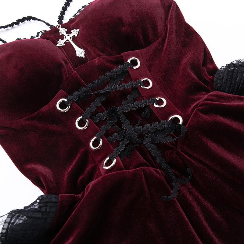 Velvet lace hem ruched lace up backless irregular midi dress  | red tango dress