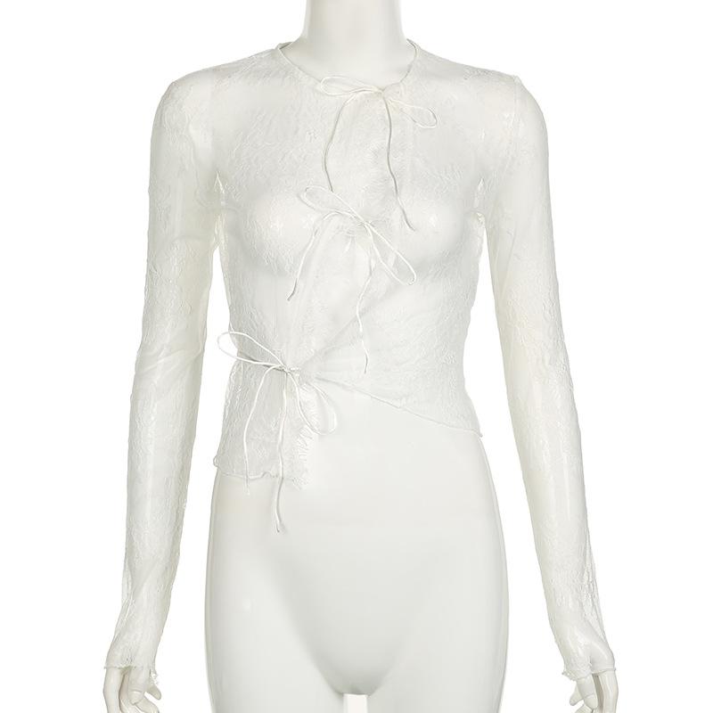Long sleeve lace see through self tie top