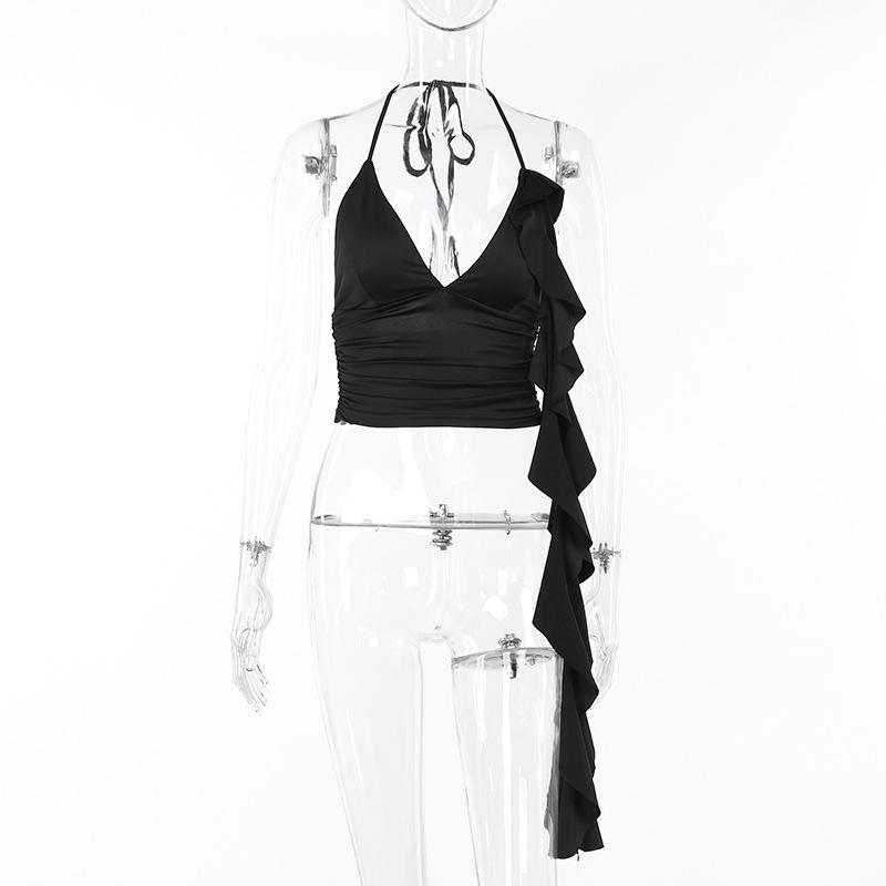 Halter v neck ruffle backless crop top