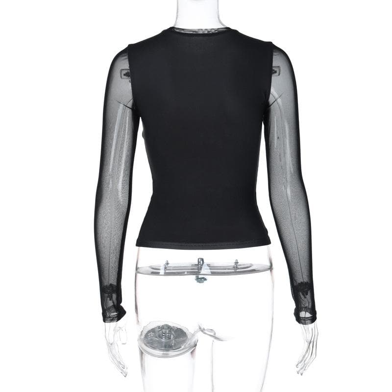 Long sleeve mesh crewneck flower pattern patchwork top