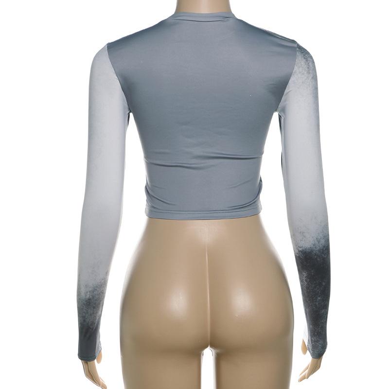 Crewneck long sleeve eye print contrast crop top