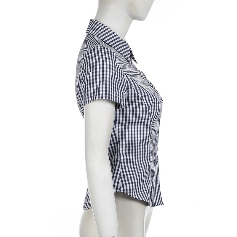 Turnover collar short sleeve plaid print button top