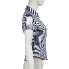 Turnover collar short sleeve plaid print button top