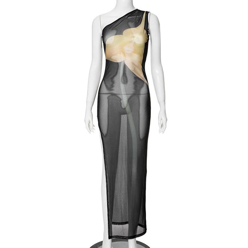 One shoulder sheer mesh print high slit maxi dress  | samba dress