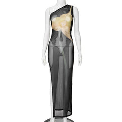 One shoulder sheer mesh print high slit maxi dress  | samba dress