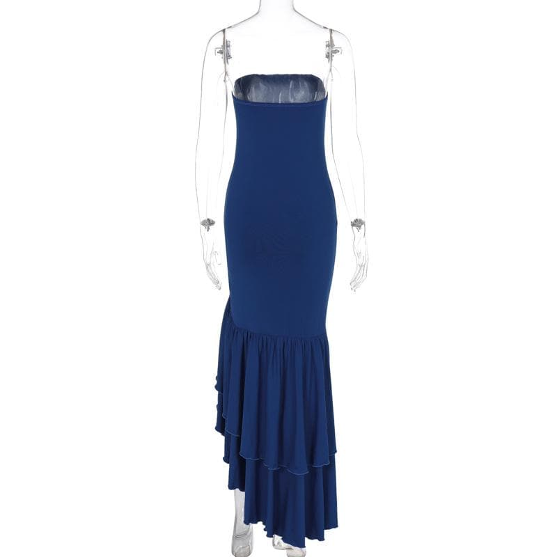 Ruffle ruched irregular solid tube maxi dress