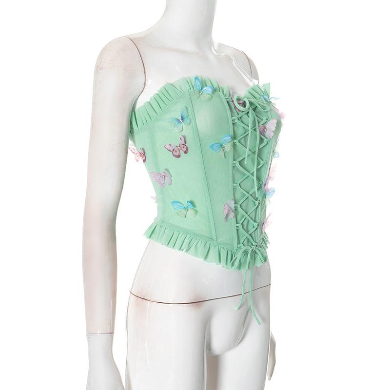 Sweetheart neck butterfly applique mesh lace up tube top