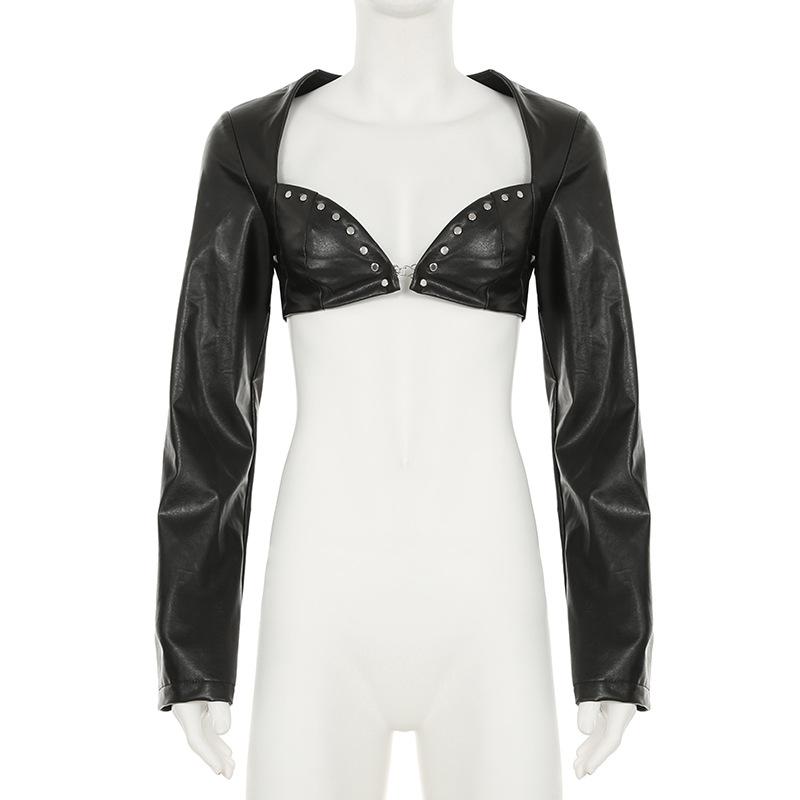 PU leather sweetheart neck long sleeve crop top