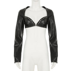 PU leather sweetheart neck long sleeve crop top