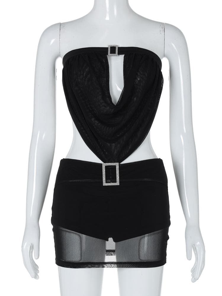 Ruched mesh see through buckle tube mini dress