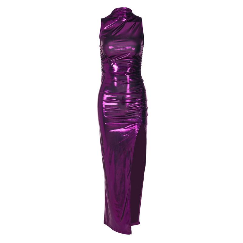 Sleeveless high neck metallic ruched high slit midi dress  | red tango dress