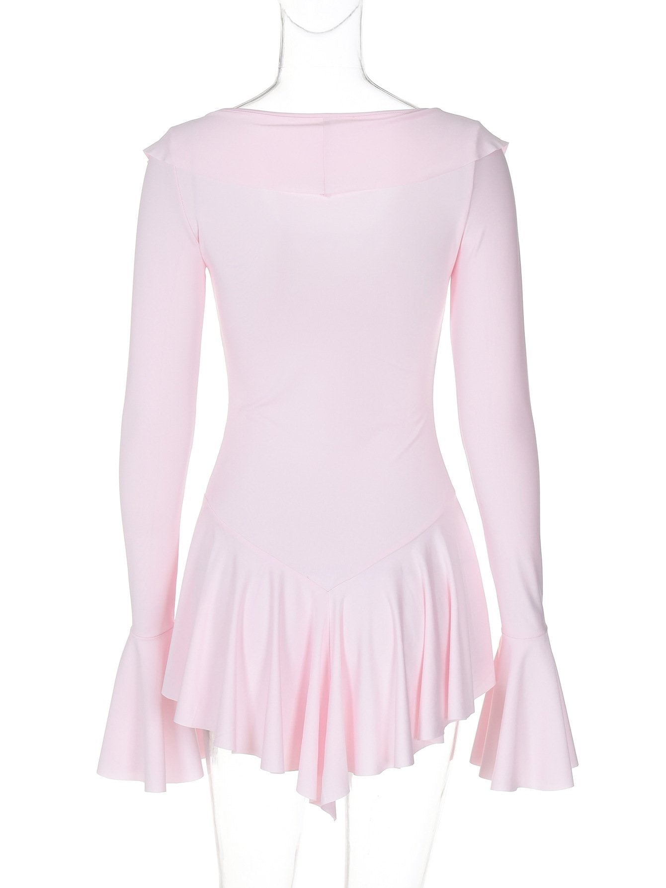 V neck long flared sleeve self tie ruffle mini dress