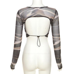 Long sleeve crewneck mesh backless crop top