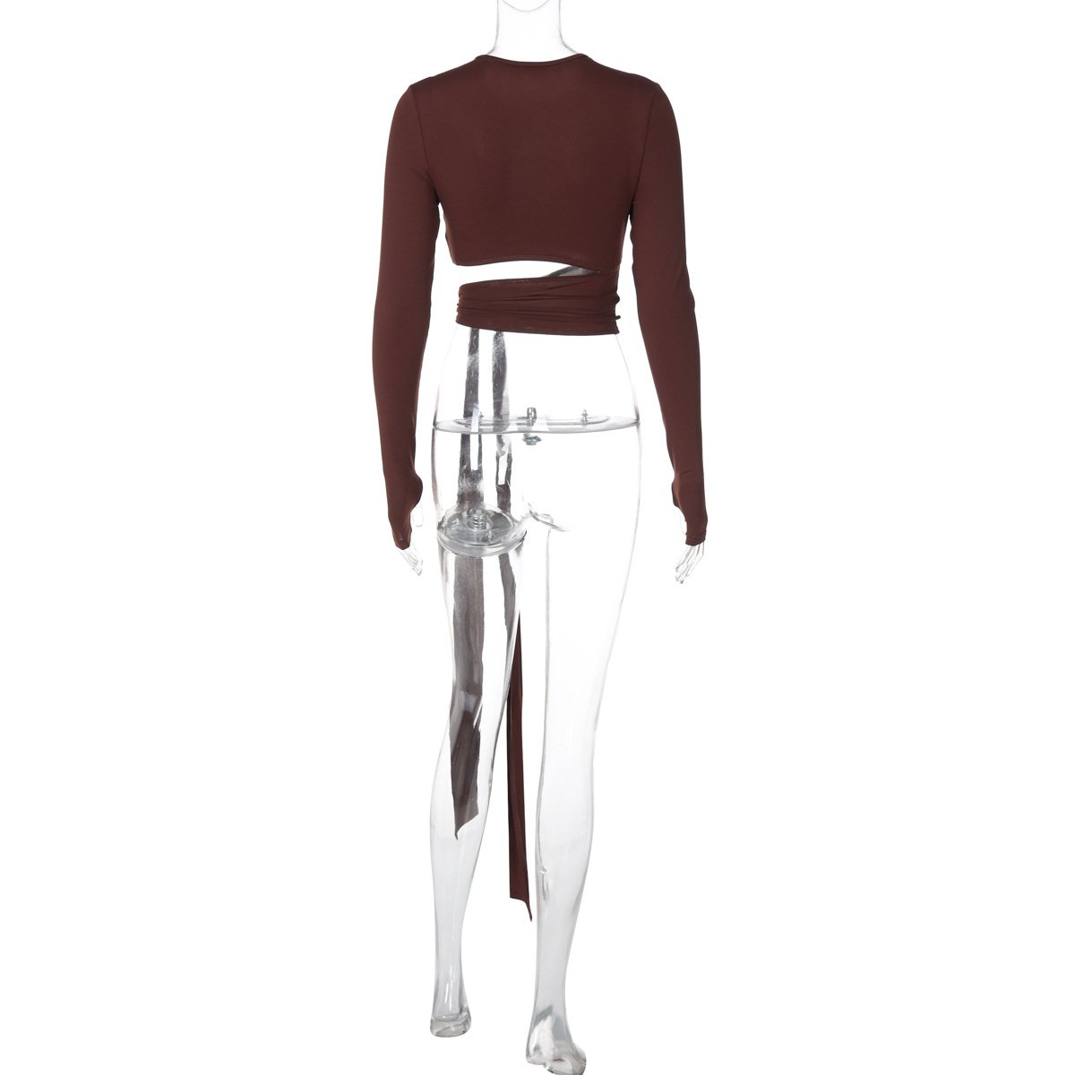 Long sleeve crewneck hollow out knotted top