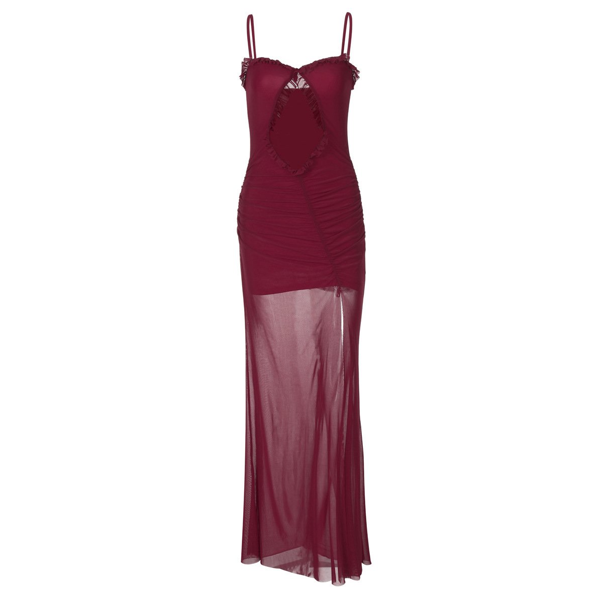 Hollow out mesh ruffle ruched cami maxi dress